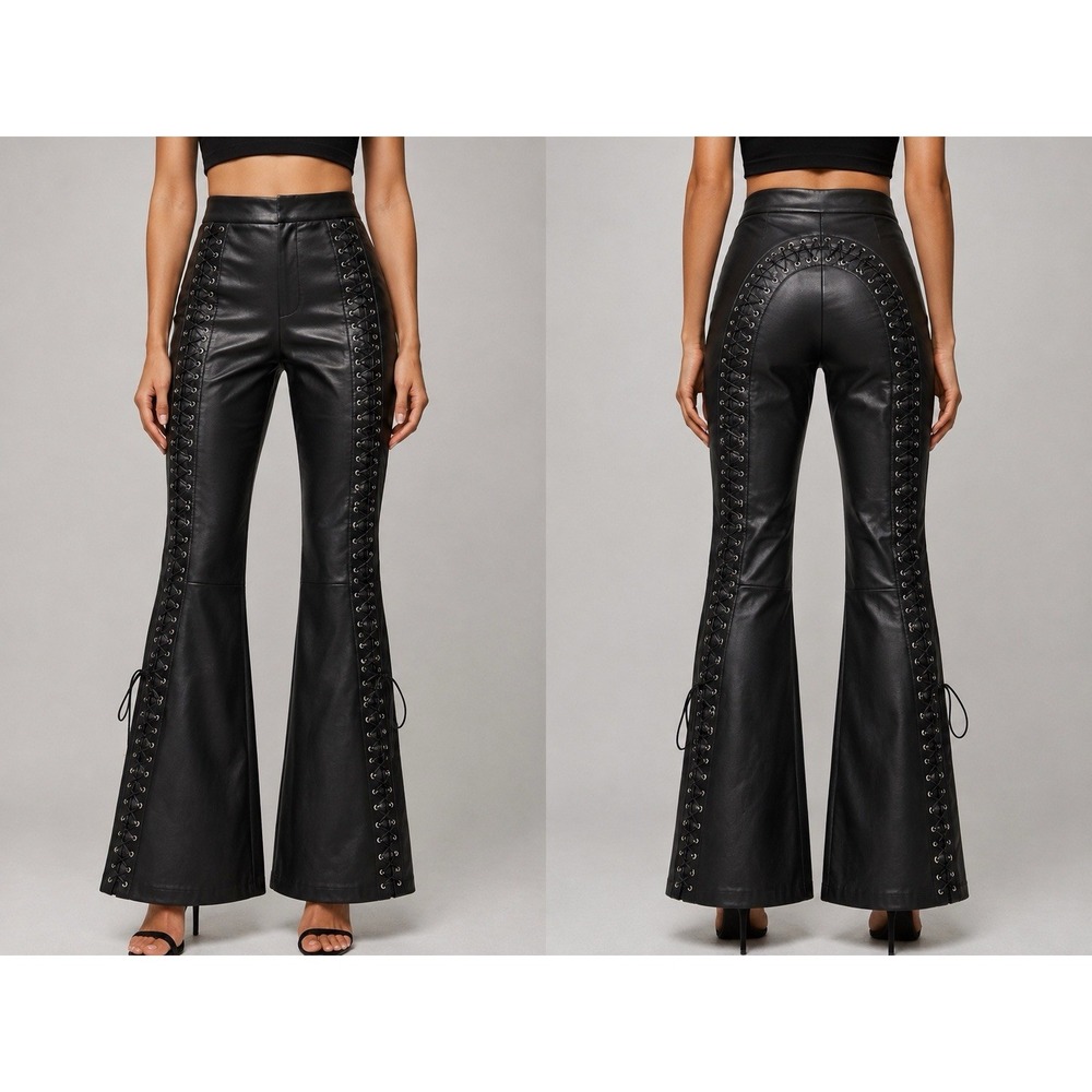 Black Lace-Up Womens Faux Leather Pants Women 26x36 w/Grommet Details & Flared